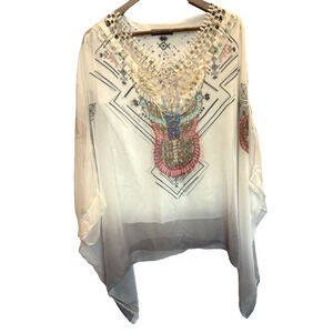 Polita Made in Italy Silk Resort Boho Poncho Top Womens Crochet Lagenlook Sheer